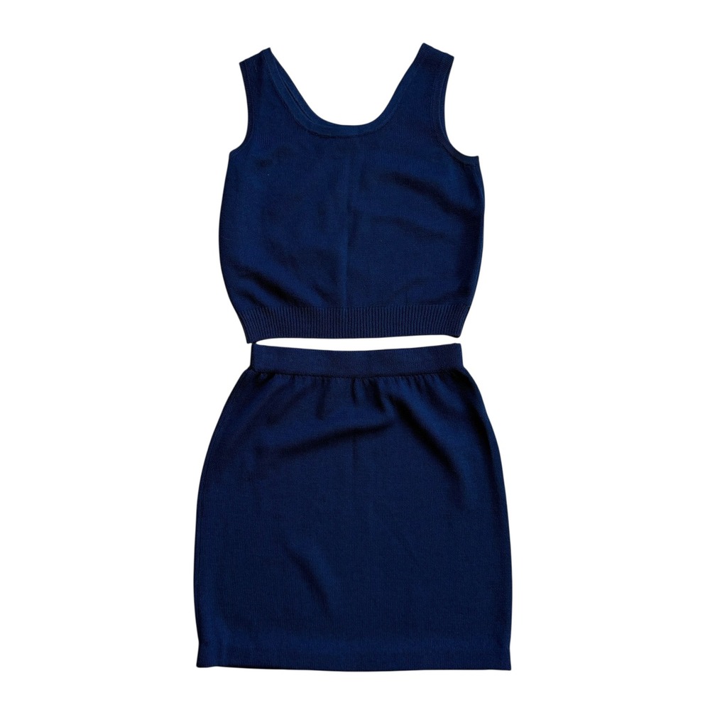 St John Navy Blue Knit 2 Piece‎ Set Tank Top and Skirt Small 4 Santana Knit